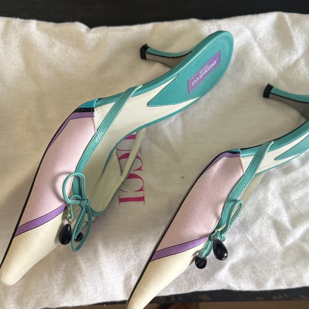 Vintage Emilio Pucci Cream and Teal Mules - Picture 4 of 4